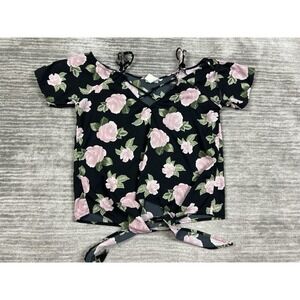 2 Haute Top Womens Medium Black Floral Short Sleeve Tied Front‎ Polyester